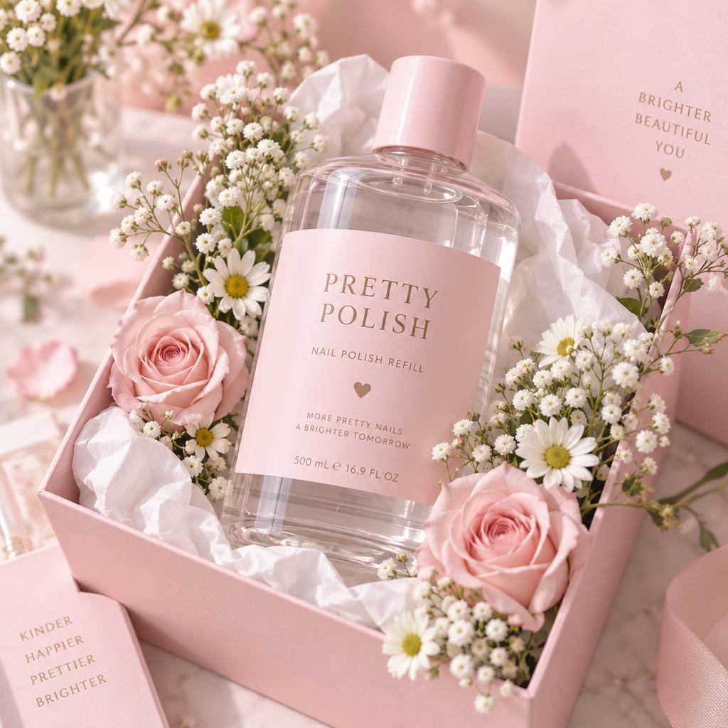 Pretty Polish refill bottle tucked into a cute pink flower box with blush roses, white daisies and baby's breath